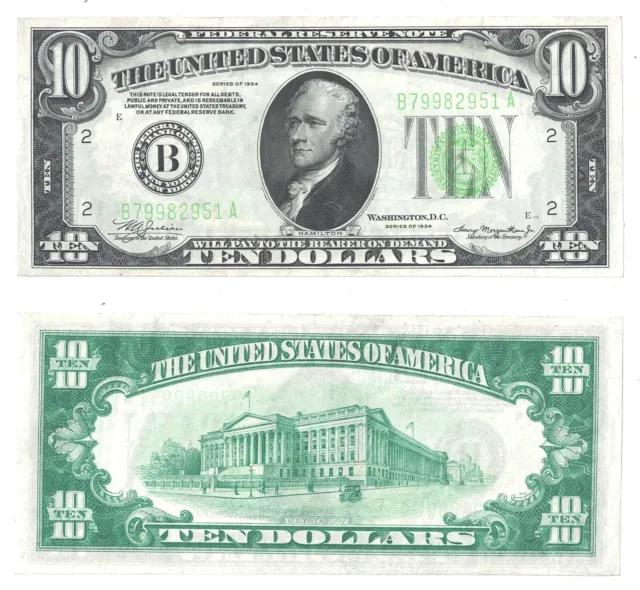1934 $10 New York District FRN Light Green Seal Fr 2004-B AU Pin Hole #2951