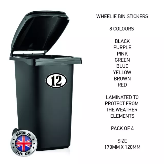 4 x Wheelie Bin Number Rubbish Garbage Custom Oval Stickers 170mm x 120m BIN06