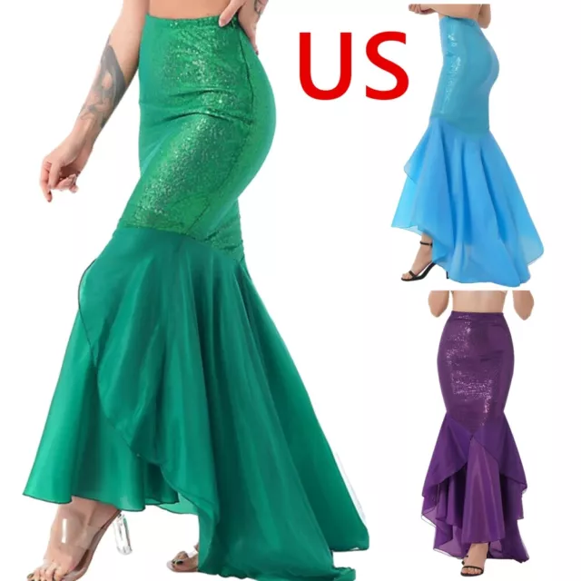 US Women's Sequined Fishtail Skirt Mermaid Tail Skirt Party Photography Costume
