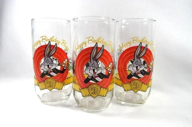Vtg Warner Bros. 1990 Happy Birthday Bugs Bunny  50Th Anniversary Glass Set Of 3
