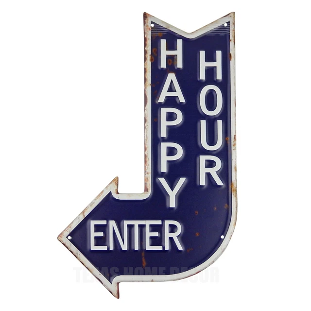 Rustic Enter Happy Hour Arrow Sign Tin Metal Bar Pub Man Cave Garage Wall Decor