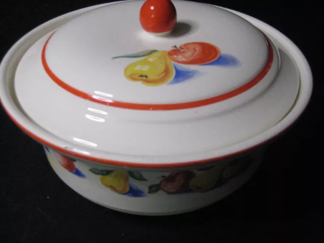 Vintage Harker Pottery Hotoven Casserole Bowl with Lid Pear and Apple Design