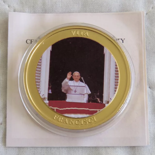 LIFE OF POPE FRANCIS 2013 40mm GOLD PLATED COLOURED PROOF MEDAL e - coa