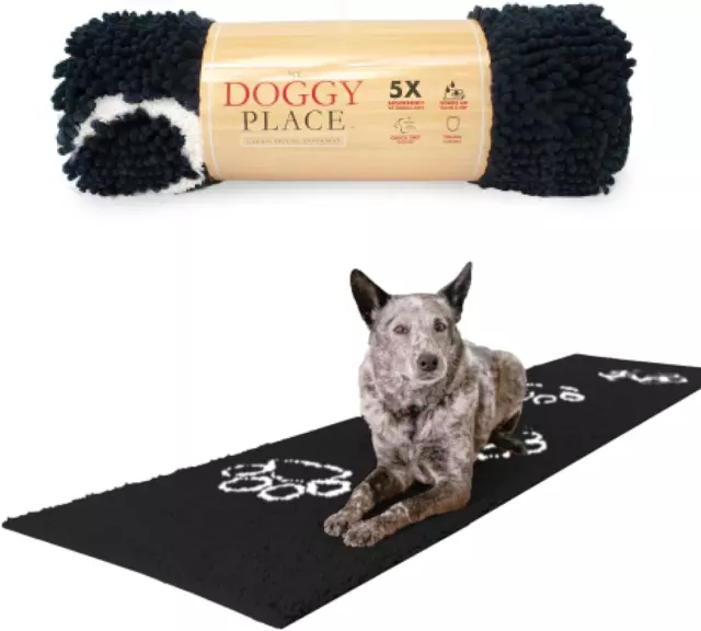 Microfiber Dog Mat for Muddy Paws, 8 X 2' Black with Paw Print - Non-Slip, Absor