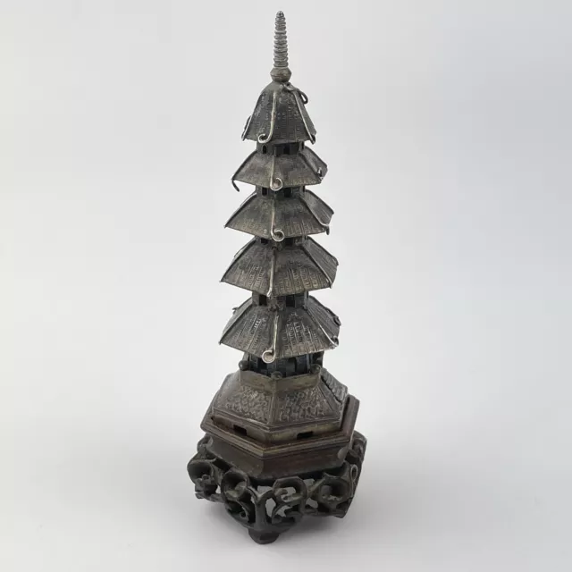 Antique Solid Silver Chinese Pagoda On Carved Wooden Base By Cumwo Late 19thC 2