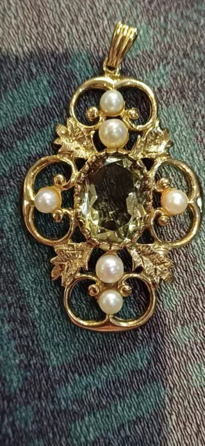 9Ct Yellow Gold Vintage Citrine And Pearl Necklace Pendant