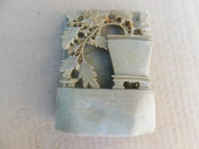 Antique Chinese Hand Carved Soap Stone Statue 5" Flowers in Pot
