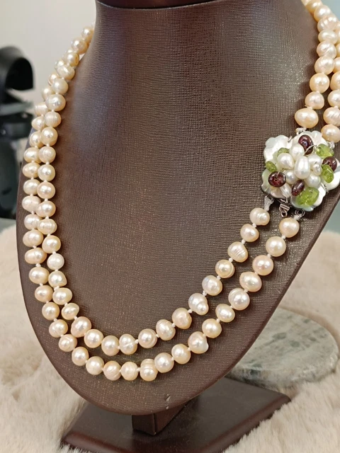 Collier Ancien Perles Quartz Beige - 65 Cm, Pierres Naturelles, Occasion Avec Traces D'usage