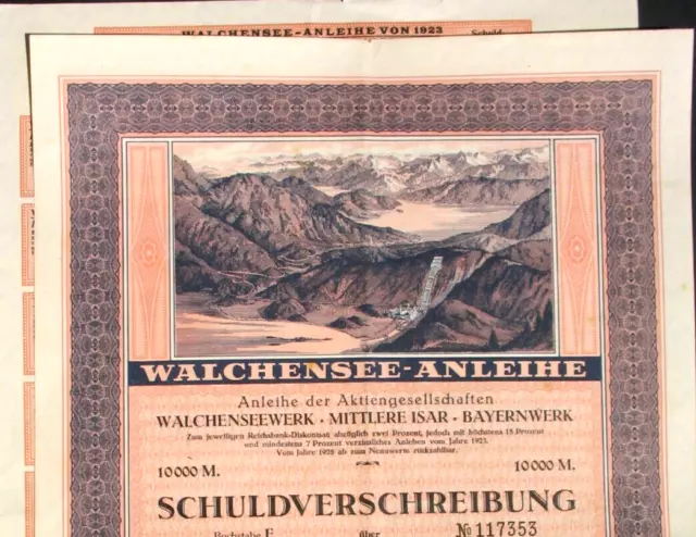 Walchenseewerk AG München Anleihe 1923 + Kup. E.on Bayern Isar Kochel Walchensee