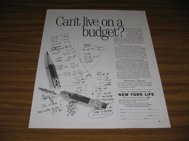 1963 Print Ad New York Life Insurance Can't Live on a Budget?