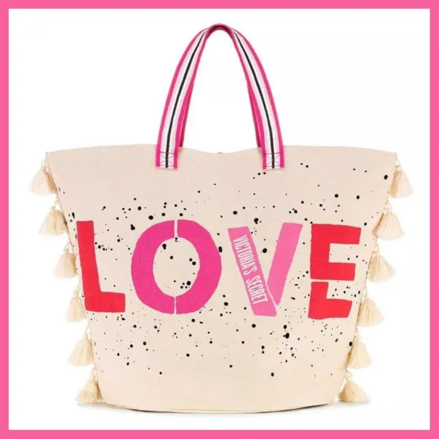 ♡ NEW! Victoria's Secret LOVE Beach Tassels Large Tote Bag Summer Weekender ♡