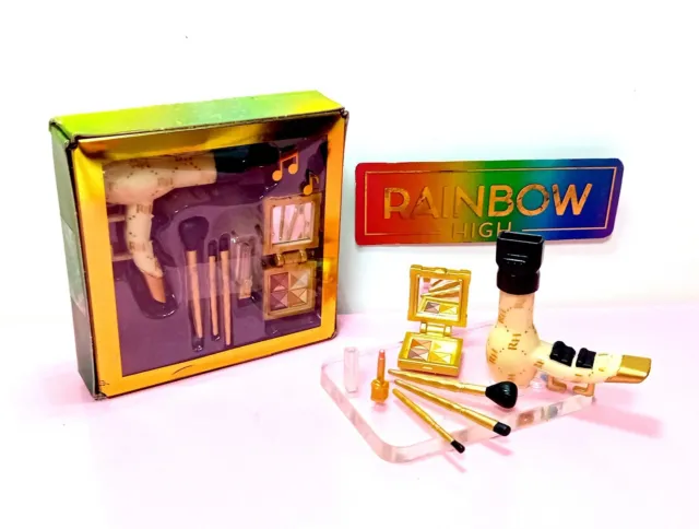 RAINBOW HIGH Doll Bundle Gold HAIR DRYER MAKE UP VANITY CASE New BoxedCHECK LIST