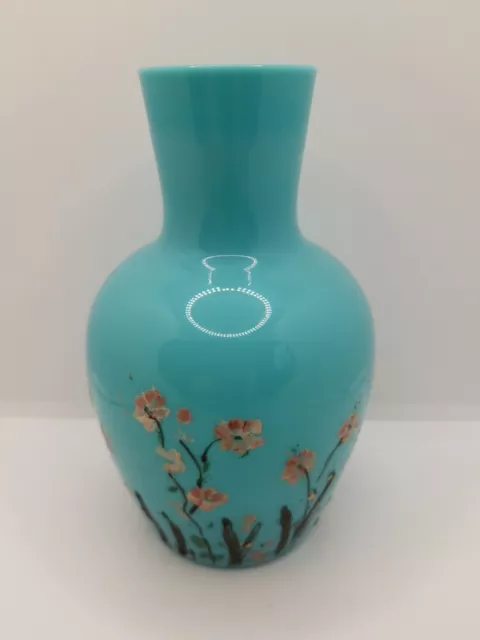 Antique bohemia glass  teal blue opaline vase with  enamel floral