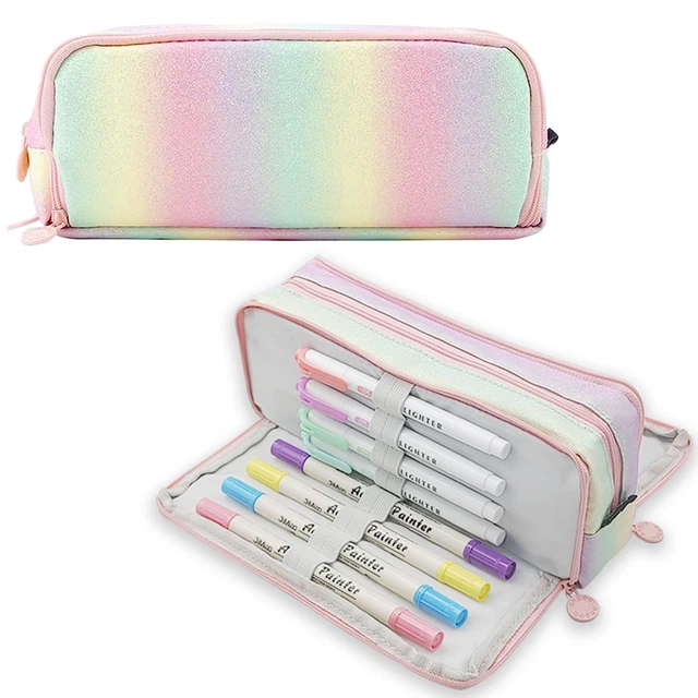 Alyvisun Trousse Scolaire, Trousse à Crayons Grande Capacité Avec 3 Compartiments Pour Fille Garcon, Portable Trousse Crayon Pencil Case Avec Poignée Pour École Et Bureau (Rose