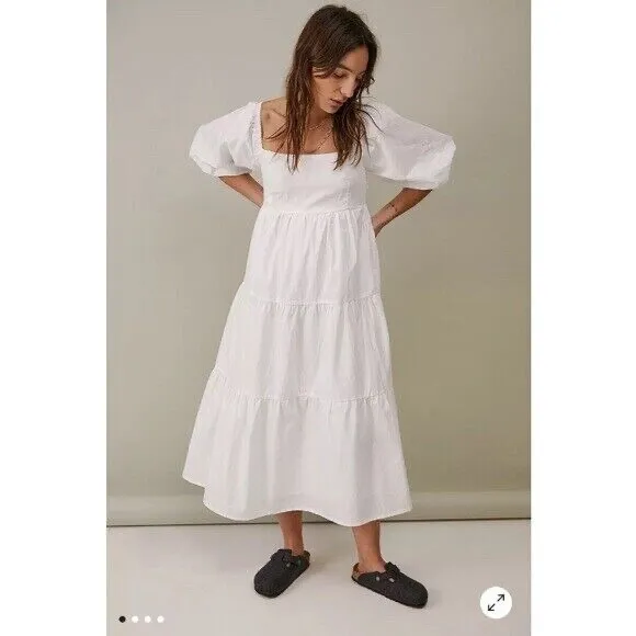 Faithfull The Brand Tiered Cotton Poplin Midi Dress Puff Sleeve White XXL $450