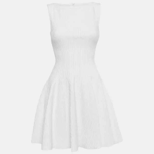 Alaia White Textured Knit Sleeveless Flared Mini Dress M