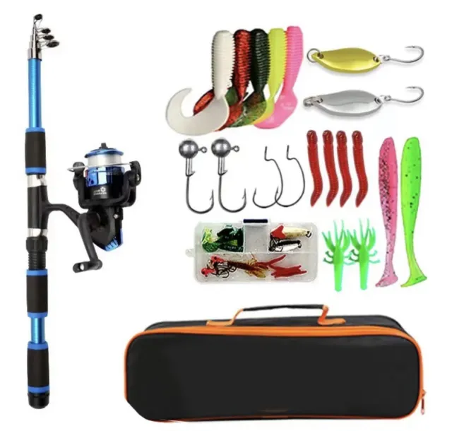 Telescopic Fishing Rod And Spinning Reel, Plus Lures And Accessories - BLUE