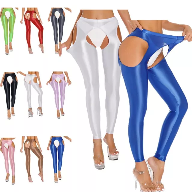 Women Glossy Oil Silk Leggings Pants Hollow Out Opaque Pantyhose Workout  Fitness Yoga Tights