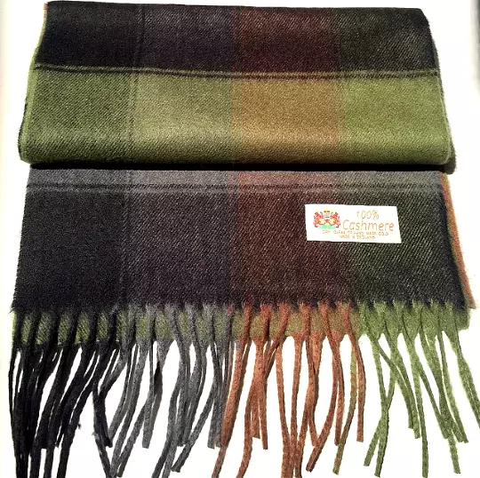 NEW 100% CASHMERE SCARF /WRAP MADE IN ENGLAND Plaid Olive/Black/Gray/Brown  Soft