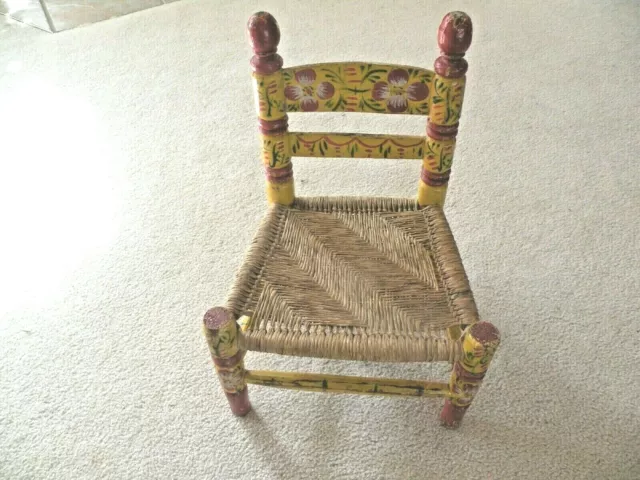 EARLY 1900s WOOD HAND PAINTED CHILD'S CHAIR FOLK ART WOVEN GRASS SEAT