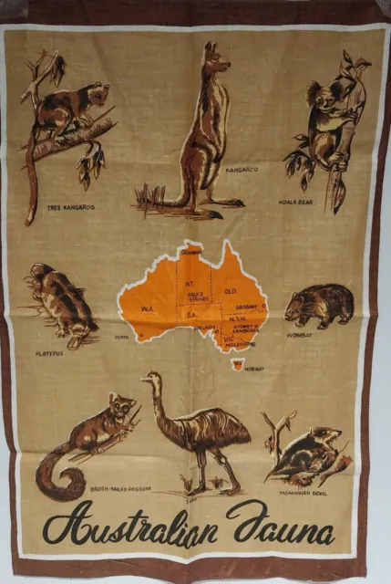 Linen Tea Towel Featuring Australian Fauna And A Map
