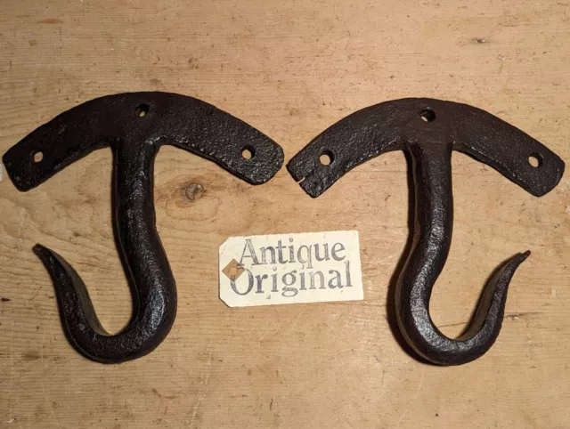 Antique English Original Wrought Iron Butchers Hooks~Pair~Large~Heavy~
