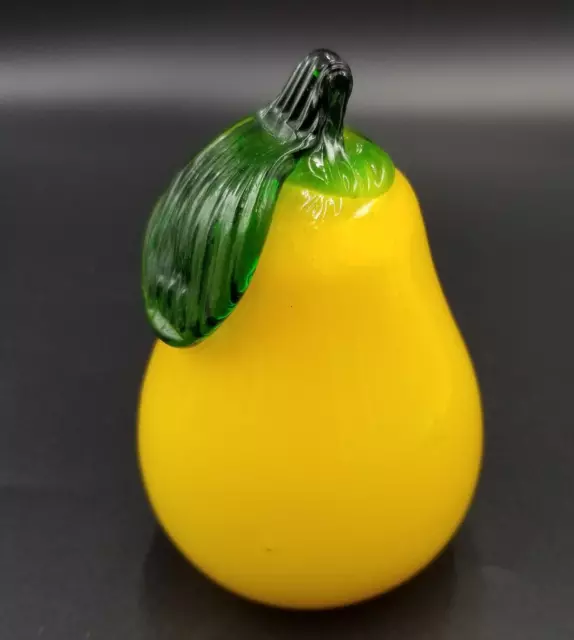 Art Glass Pear Fruit Applied Stem Leaf Yellow Green Pear 4.5"