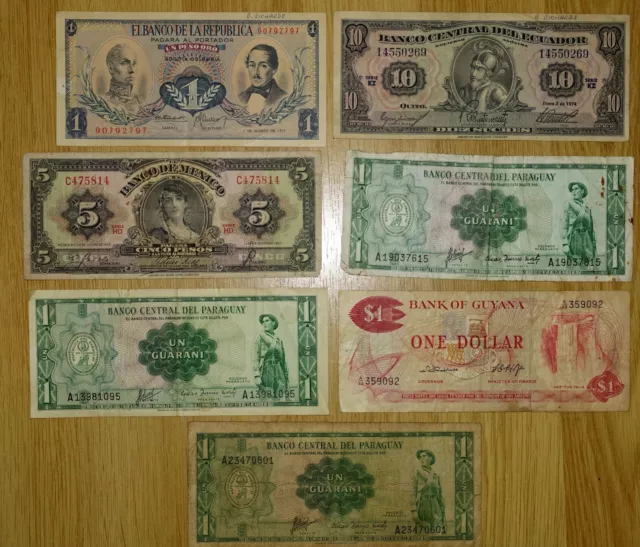7x Mexico Paraguay Guyana Ecuador Colombia 1 5 10 banknotes