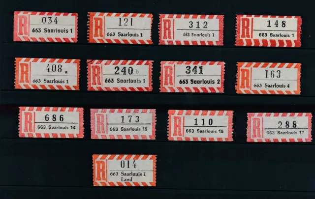 47077) 13 versch Reco-Zettel, PLZ 663 Saarlouis 1 - 17, dabei 1x "Land", Saar