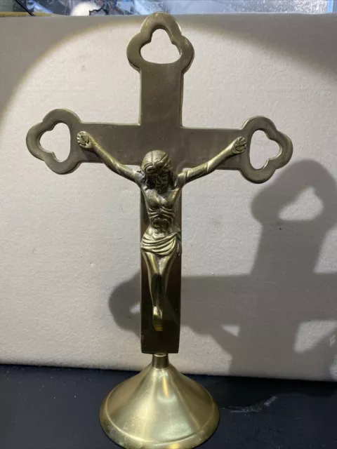 Vtg Brass Crucifix Tabletop Standing Spiritual Altar Cross Religious 12”
