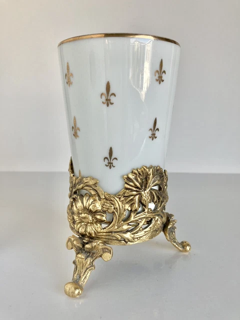 VTG Hollywood Regency Bathroom Vanity Cup & Holder Fleur De Lis Style Build N.Y.