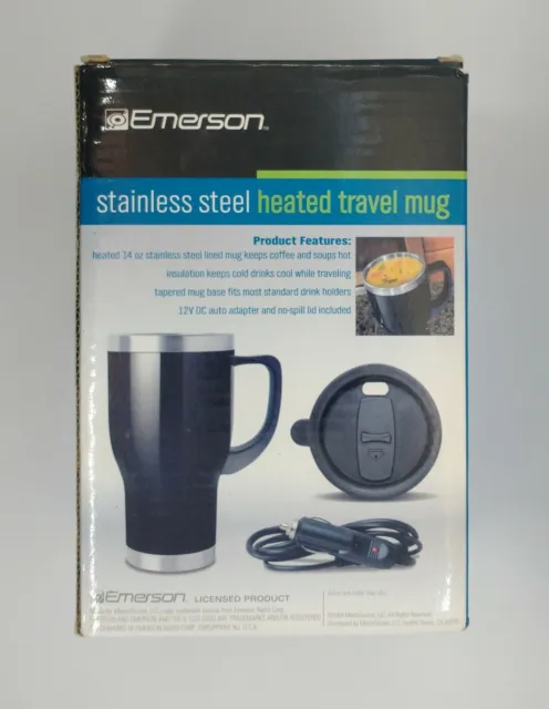 New Emerson Stainless Steel Heated 14 oz Travel Mug 12V Auto Power Adapter NIB 2