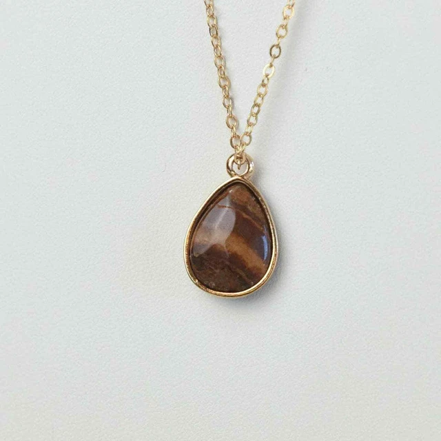 Tigers Eye Natural Agate Stone Teardrop Pendant Layering Necklace