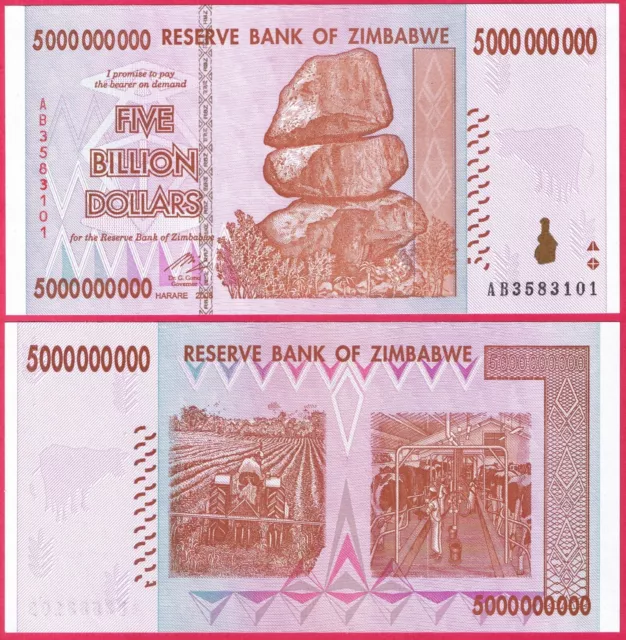 Zimbabwe 5 Billion Dollars 2008 P84 Banknote Unc