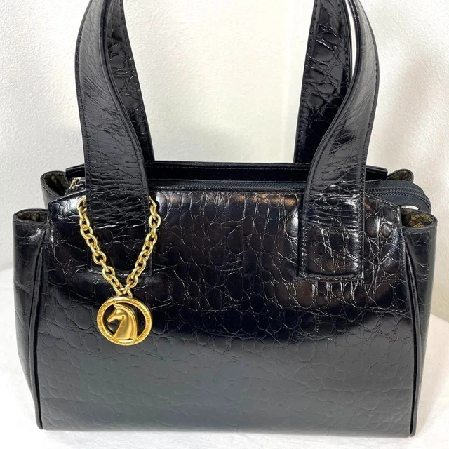 Rare Longchamp Leather Handbag Tote Bag Croc Embossed with Gold Charm Black 2