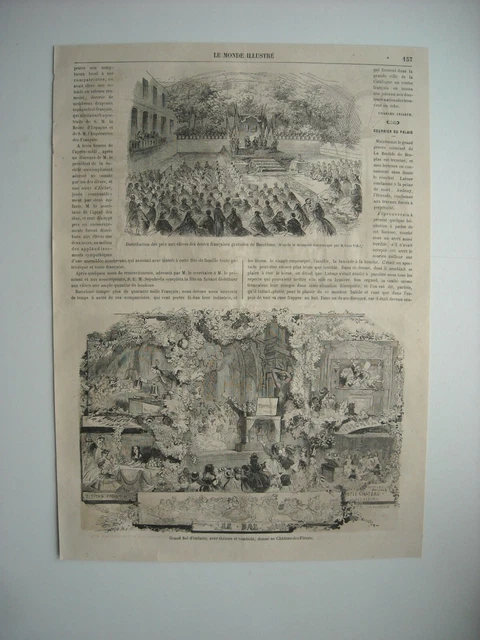 Gravure 1864. Barcelone; Distribution Des Prix. . Au Chateau-Des-Fleurs, Grand B