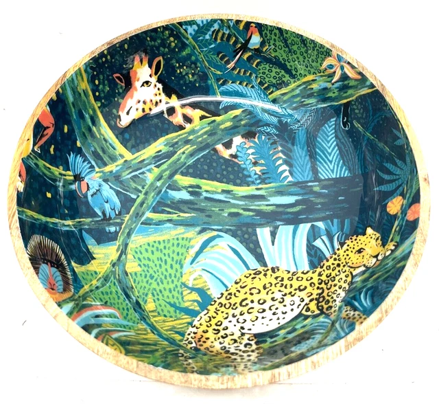 Opal House Mango Wood Footed Bowl Lacquered Resin Interior Jungle Scene India