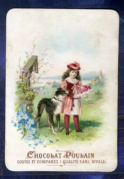 chromo Poulain relief fillette Border Collie roses dog girl Embossed Trade card