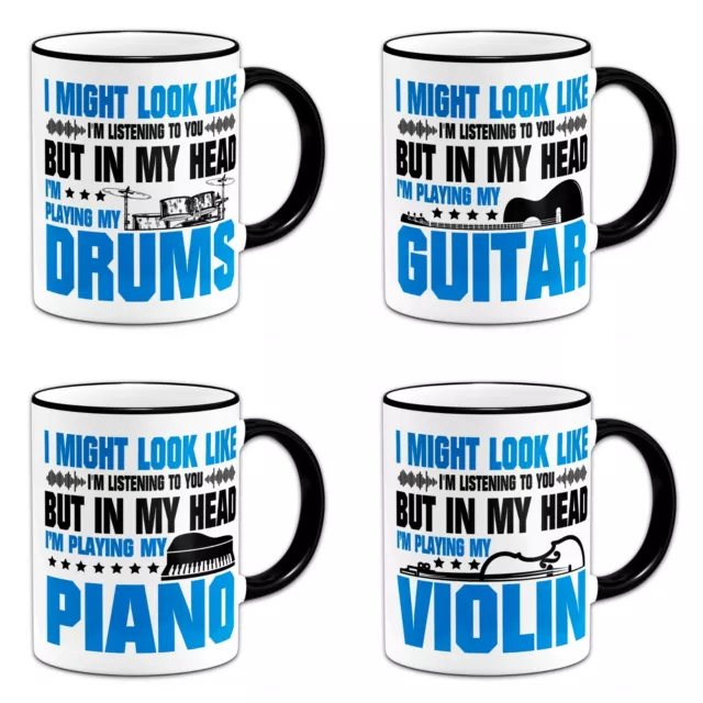 In My Head I'm Playing My (Instrument) Novelty Gift Mug - Black Handle - Blue