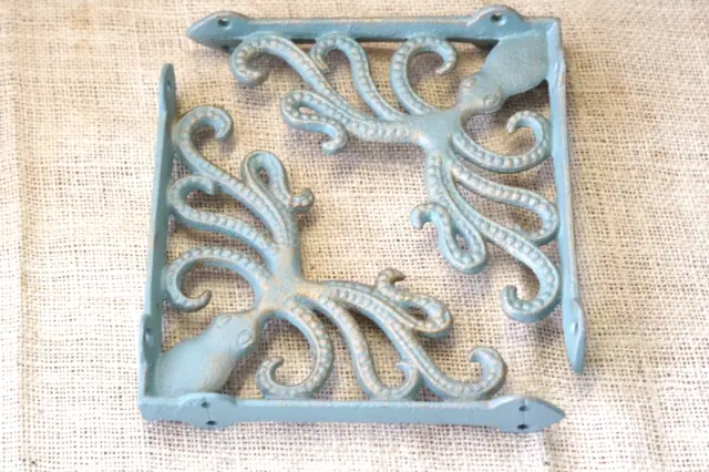 2 Cast Iron Octopus Brackets Nautical Garden Braces Shelf Corbels Ocean Book 3