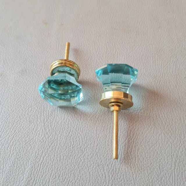 vtg cobalt blue victorian diamond cut glass drawer knob handle pull 1.6" set 2PC