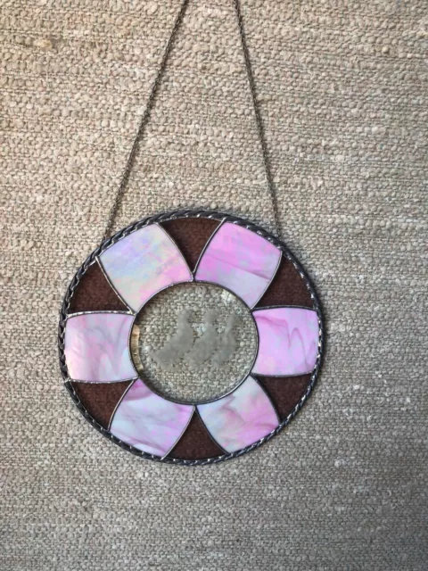 Pink Rose Beveled  Stained Glass Hanging Round 12 1/2 Wall Art Hand Made USA