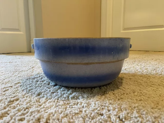 Vintage Blue & White  Salt Glaze Stoneware Pottery Milk Bail Bowl Crock