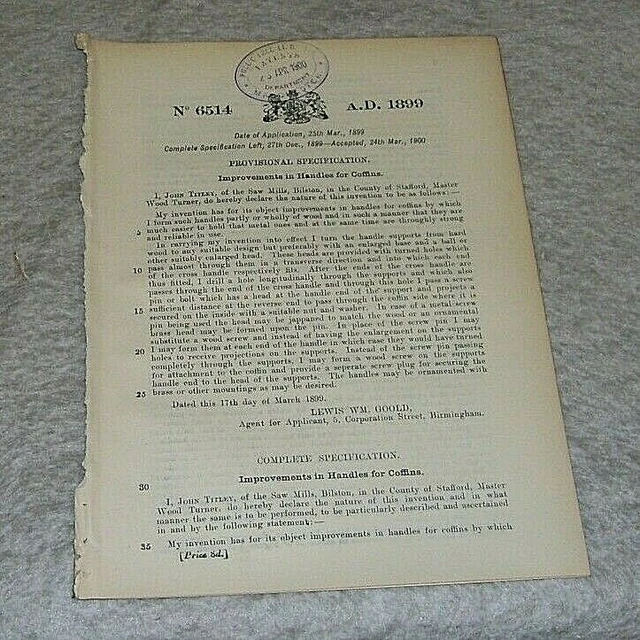 Mejoras En Los Mangos Para Ataúdes Patente Titley Bilston Staffordshire 1899 2