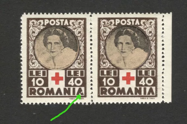 ROMANIA-MNH PAIR-ERROR, DOT IN "A" IN ROMANIA-RED CROSS -Queen Mother Elena-1945