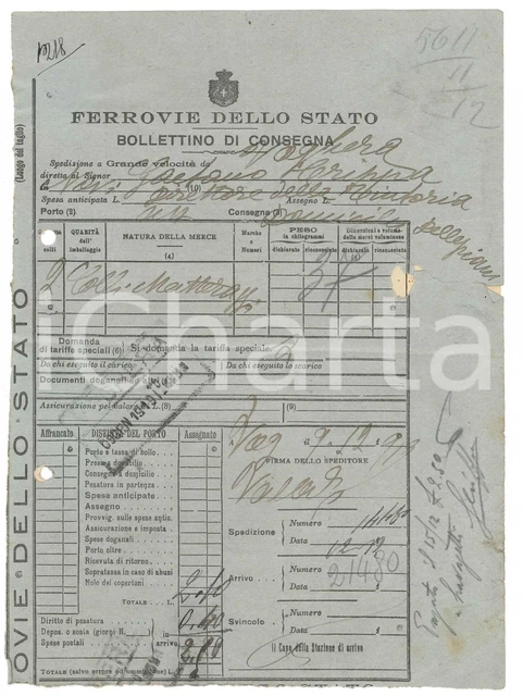 1919 FERROVIE DELLO STATO Bollettino di consegna materassi