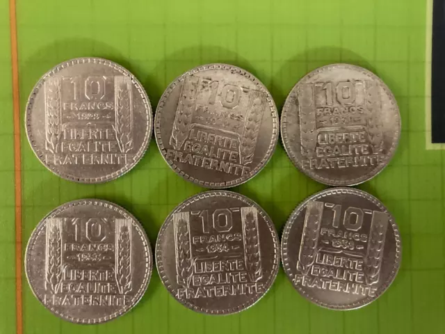 Lot De 6 PIECES 10 FRANCS TURIN  ARGENT 1929,1930,1931,1933,1934,1938 SUP