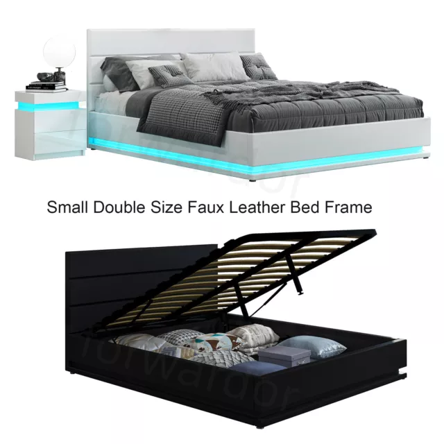 Led Storage Bed Ottoman Gas Lift Up Faux Leather Wooden Bed Frame Black White