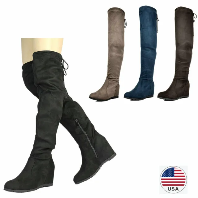 Women's Over The Knee Boots Faux Suede Leather Wedge Heel Thigh High Boots