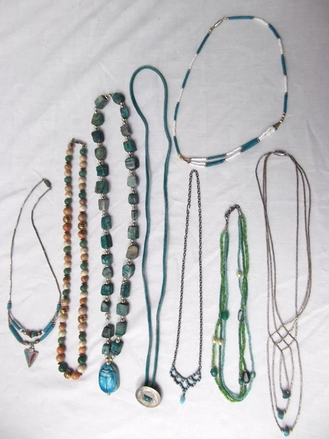 Vtg lot 8 necklace multi strand seed bead turquoise glass pendant choker